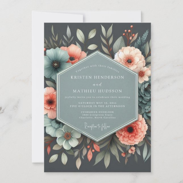 Schieferkorallen-Botanische Hochzeit Einladung (Vorderseite)