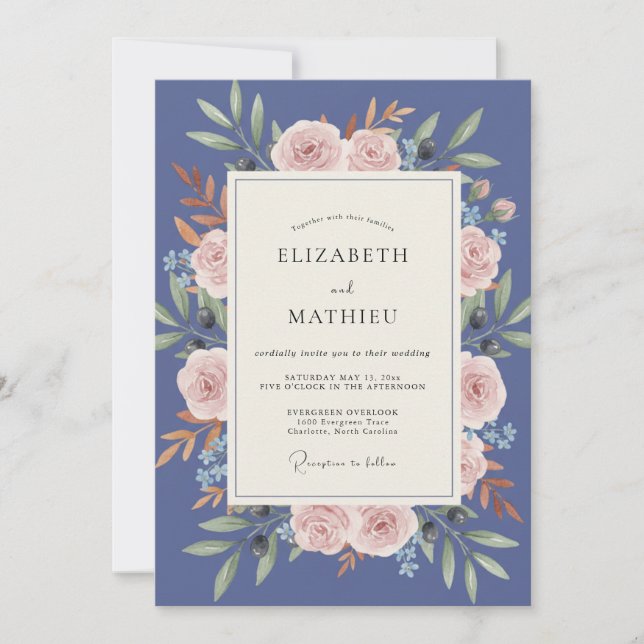 Schieferrote Hochzeit mit Blättern Einladung (Vorderseite)