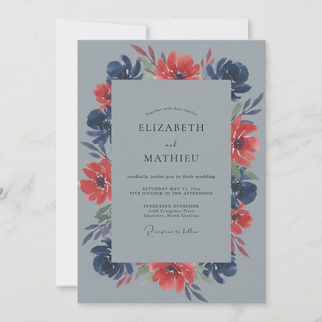 Schieferrote Mohn-Hochzeit Einladung (Vorderseite)