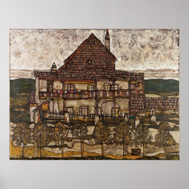 Schiele - Haus mit Steindach (altes Haus) Poster (Vorne)