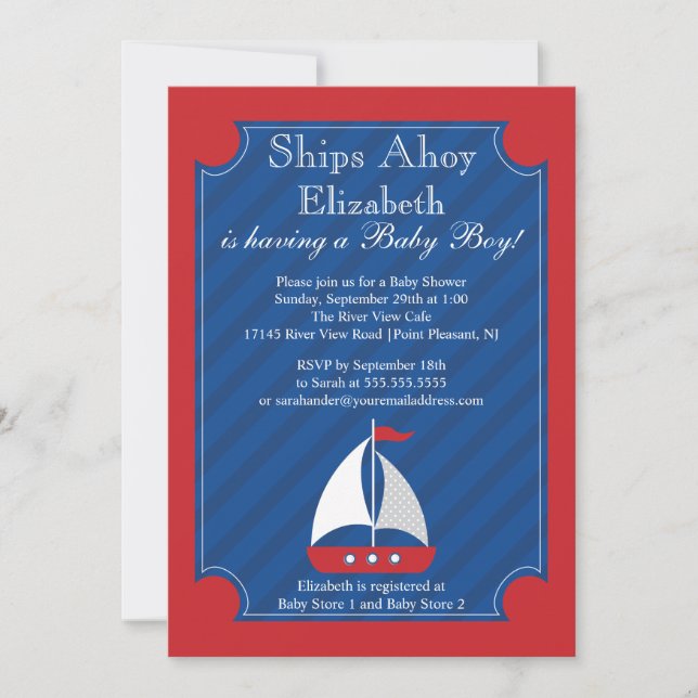 Schiff Ahoy Nautical Sailboat Boy Baby Dusche Einladung (Vorderseite)