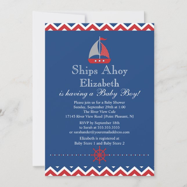 Schiff Ahoy Nautical Sailboat Boy Baby Dusche Einladung (Vorderseite)