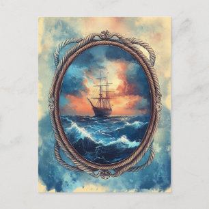 Schiff auf der Stormy Sea Rope Border Art Postkarte