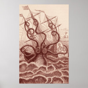 Schiff gegen Oktopus Poster