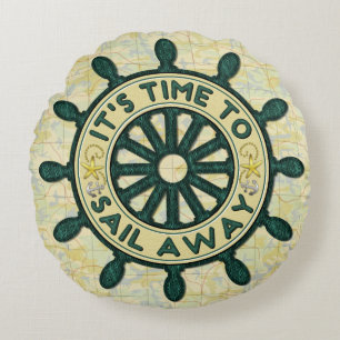Schiff Helm Wood Wheel Alte Karte wegsegeln Rundes Kissen