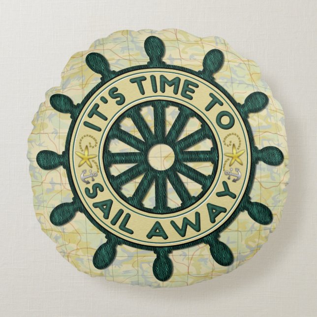 Schiff Helm Wood Wheel Alte Karte wegsegeln Rundes Kissen (Vorderseite)