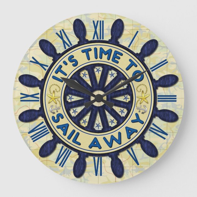 Schiff Helm Wood Wheel Blue Nautical Sail Away Map Große Wanduhr (Vorderseite)