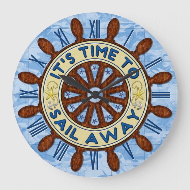 Schiff Helm Wood Wheel Nautical Blue Map Segel weg Große Wanduhr (Vorderseite)