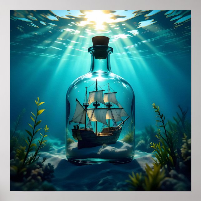 Schiff in einer Flasche im Meer Poster (Vorne)