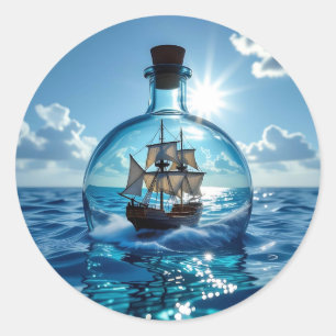 Schiff in einer Flasche im Meer Runder Aufkleber