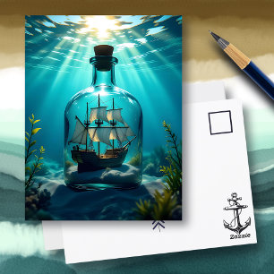 Schiff in einer Flasche im Meer   Sprichwort Hi Postkarte