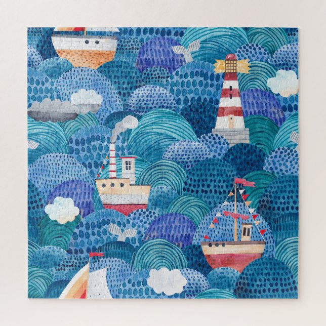 Schiff & Leuchtturm: Childish Watercolor Puzzle (Vertikal)