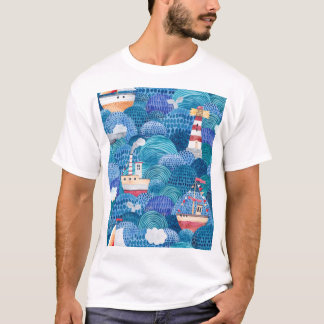 Schiff & Leuchtturm: Childish Watercolor T-Shirt