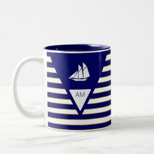 Schiff & Monogramm auf blau-weiß gestreift Zweifarbige Tasse