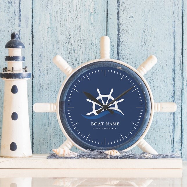 Schiff Nautical Blue Wave Navy Schiff Helm Boat Runde Wanduhr (Nautical Blue Wave Navy Captain Ship Helm Boat Round Clock)