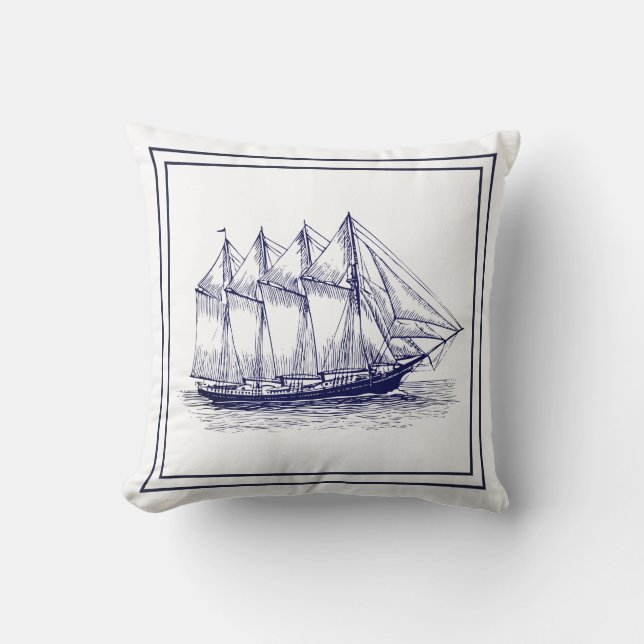 Schiff Nautical Navy Blue Frame & Vintag Schooner  Kissen (Vorderseite)