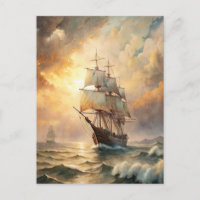 Schiff segelt auf Meereswellen bei Sonnenuntergang