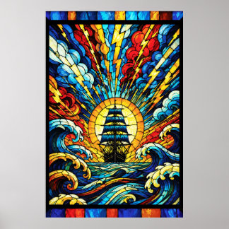 Schiff segelt durch einen Sturm Poster