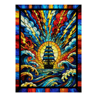 Schiff segelt durch Sturm Poster