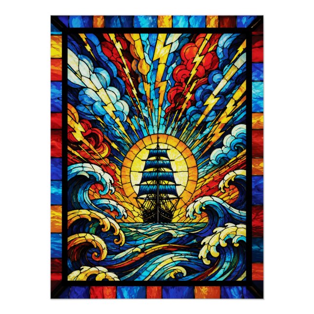 Schiff segelt durch Sturm Poster (Vorderseite)
