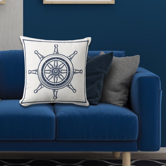 Schiff Ship Wheel an der Küste von Blue Beach Hous Kissen (Nautical Coastal Blue Beach House Boat Ship Wheel Throw Pillow)