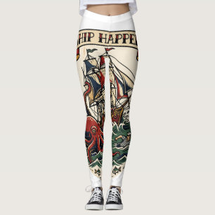 Schiff trifft Kraken Piraten-Tattoo-Flash Lustig N Leggings