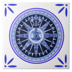 Schiff und Kompass Marine Vintage-Delft-Blau-Look Fliese