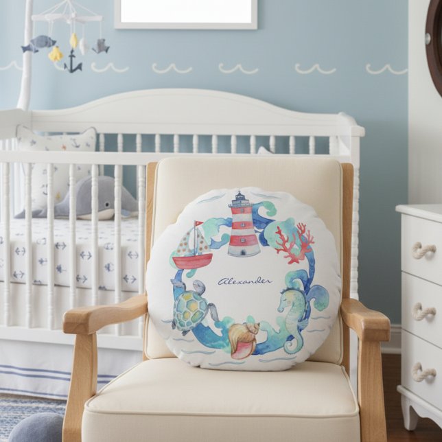 Schiff und Leuchtturm von Tieren im Seeverkehr Rundes Kissen (Von Creator hochgeladen)