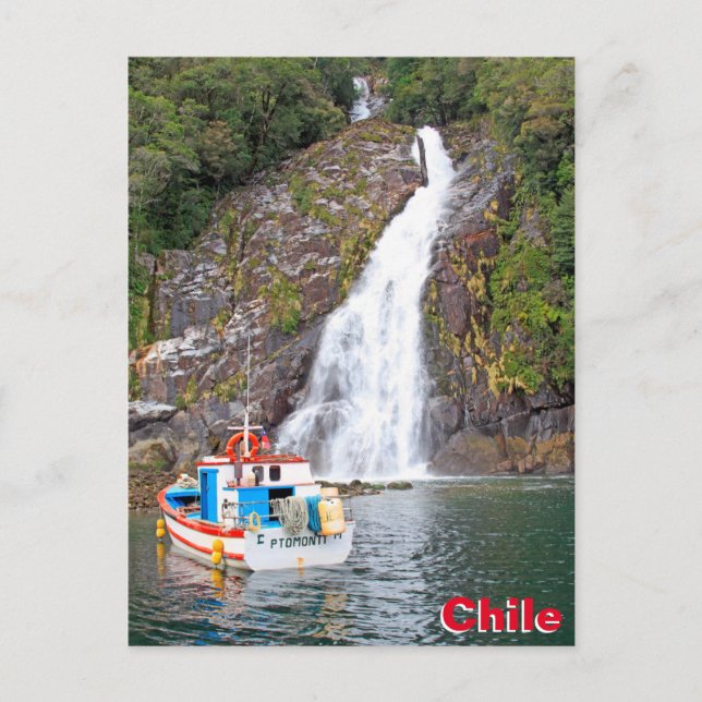 Schiff und Wasserfall, Chile Postkarte (Vorderseite)