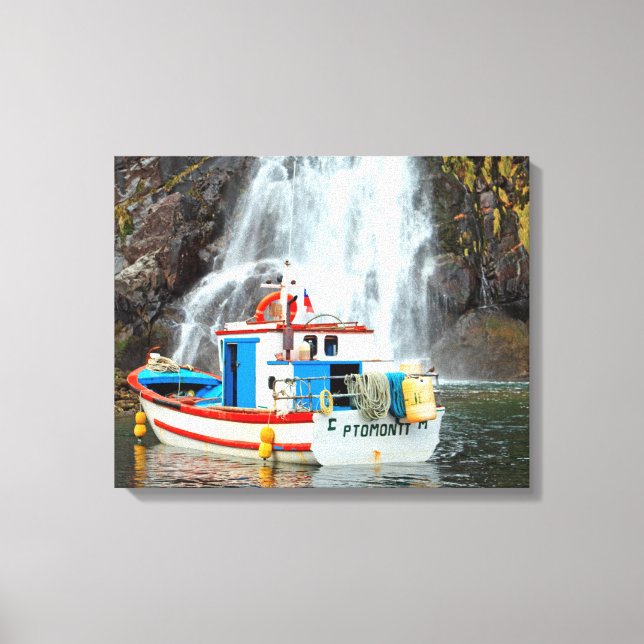 Schiff und Wasserfall Leinwanddruck (Vorderseite)
