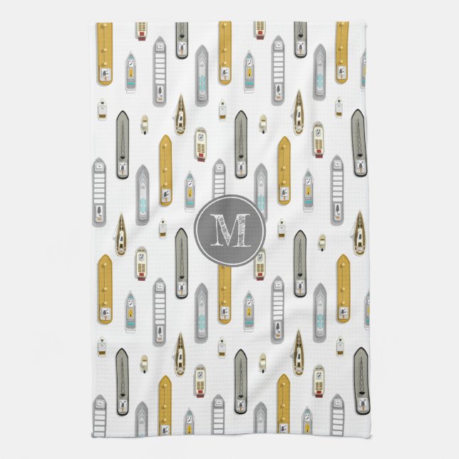 Schiffe für Wasserfahrzeuge Auf weißem Fluss w Mon Geschirrtuch (Vertikal)