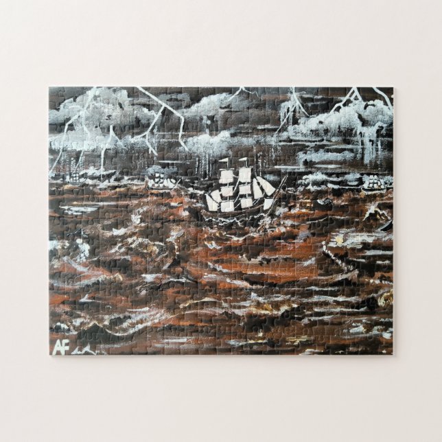 Schiffe in einem Sturm Gemälde von Alfred Fox Puzzle (Horizontal)