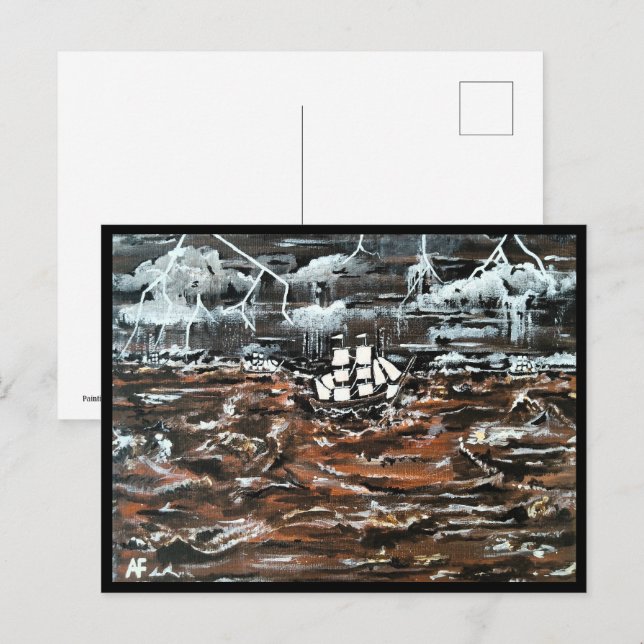 Schiffe in einem Sturmgemälde von Alfred Fox Postkarte (Vorne/Hinten)