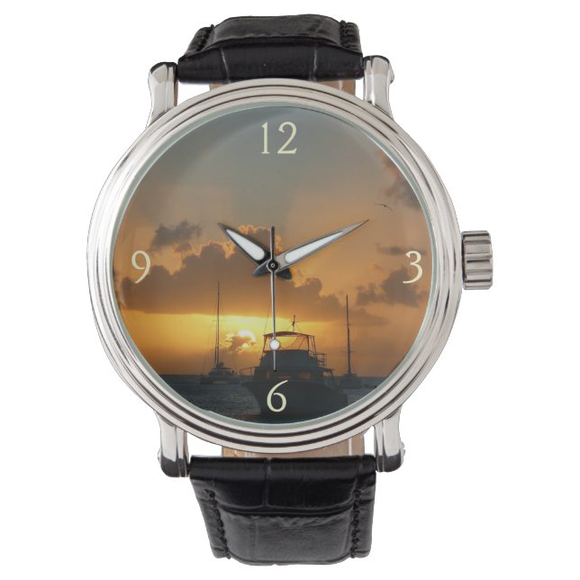 Schiffe und Sonnenuntergang tropische Seascape Armbanduhr (Vorderseite)