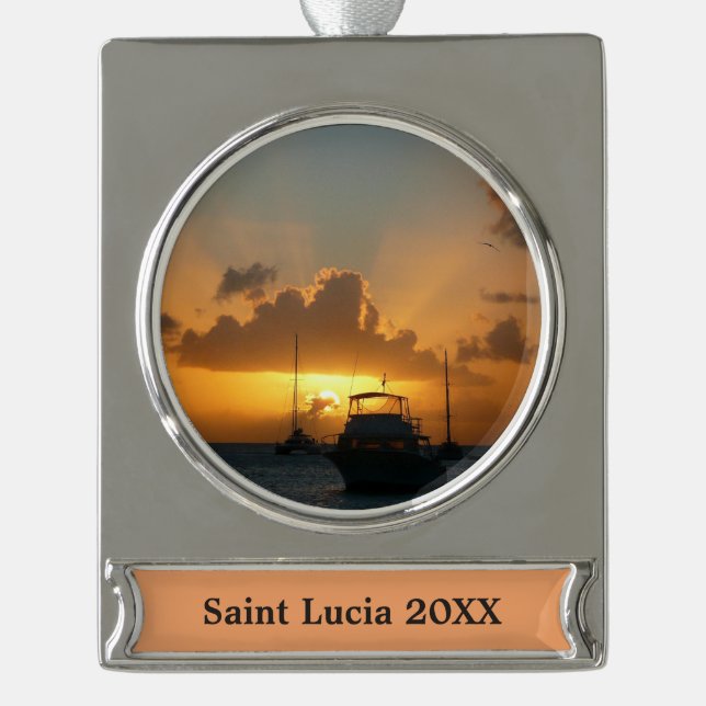 Schiffe und Sonnenuntergang tropische Seascape Banner-Ornament Silber (Vorderseite)