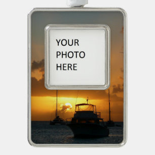 Schiffe und Sonnenuntergang tropische Seascape Rahmen-Ornament Silber