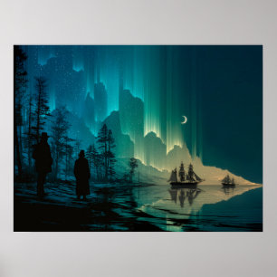 Schiffe unter dem Halbmond und Nordlichter Poster