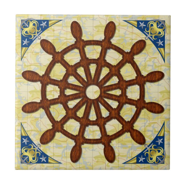 Schiffs-Helm drehen herein hölzerne alte Fliese (Vorderseite)