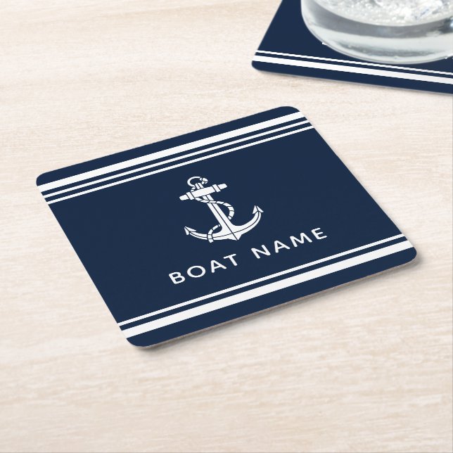 Schiffsanker-Name Navy Blau Nautisch Maßgeschneide Rechteckiger Pappuntersetzer (angewinkelt)