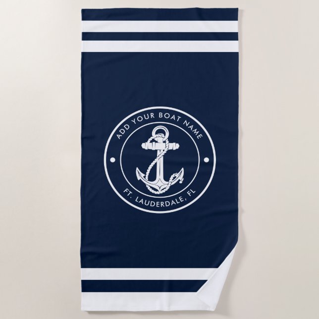 Schiffsanker Nautical Navy Blau und Weiß Benutzerd Strandtuch (Vorderseite)