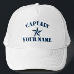 Schiffskapitän mit dem Namen Segelyacht Truckerkappe<br><div class="desc">Nautical Star Boot Kapitän Name Segeln Yachting Trucker Hat. Fett formatierte Vorlage für Namen oder Anführungszeichen. Machen Sie Ihre eigene personalisierte Kappe für das Bootfahren. Marineblau-Symbol mit benutzerdefiniertem Text. Geschenkidee zum coolen Geburtstag oder Vatertag für Männer. Machen Sie sich ein für Skipper, Papa, Onkel, Vater, Bruder, Ehemann, Freund etc. Die...</div>