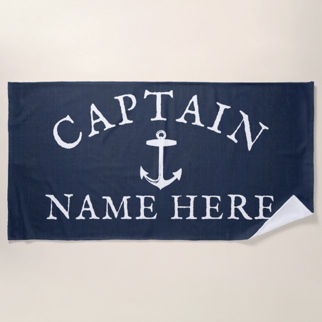 Schiffskapitän Name Nautical Anchor Navy Blue Strandtuch (Vorderseite)