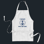 Schiffskapitän oder Schiffsname Schürze<br><div class="desc">Ein Nautical Navy Anker und Seil mit Personalisiertem Captain oder anderem Titel und Ihrem Bootsnamen oder anderen benutzerdefinierten Text in Navy Blue auf einer Schürze von White Adult Koch. Ein großartiges Geschenk- und Gesprächsstück für jeden Anlass.</div>