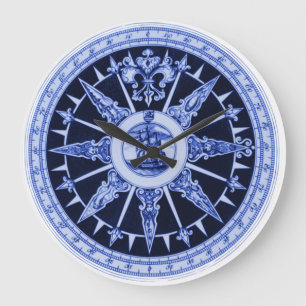 Schiffskompass-Windrichtungen Delft-Blau-Look Große Wanduhr