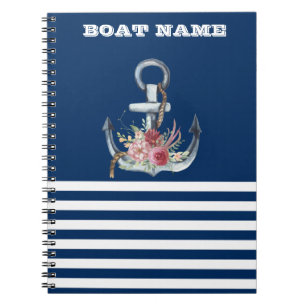 Schiffsname, Anker Blumen Navy Blau Gestreift Notizblock