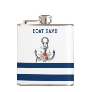 Schiffsname, Anker Blumen Navy Blau Streifen Flachmann
