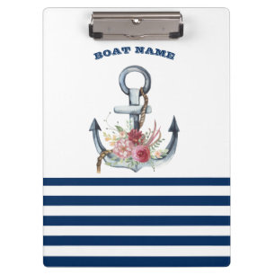 Schiffsname, Anker Blumen Navy Blau Streifen Klemmbrett