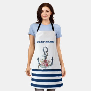 Schiffsname, Anker Blumen Navy Blau Streifen Schürze