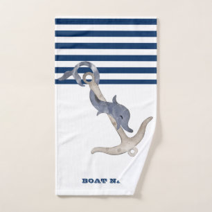 Schiffsname, Anker Delphin Navy Blau Streifen Badhandtuch Set