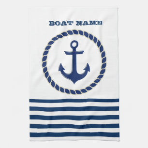 Schiffsname, Anker Navy Blau Gestreift Geschirrtuch